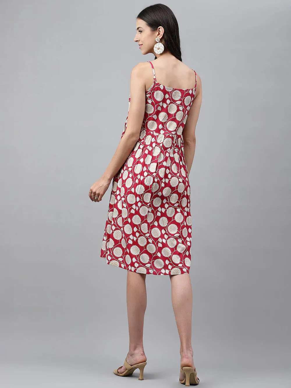 MAGENTA RAYON BOTANICAL PRINTED GATHERED DRESS- VISCOSE