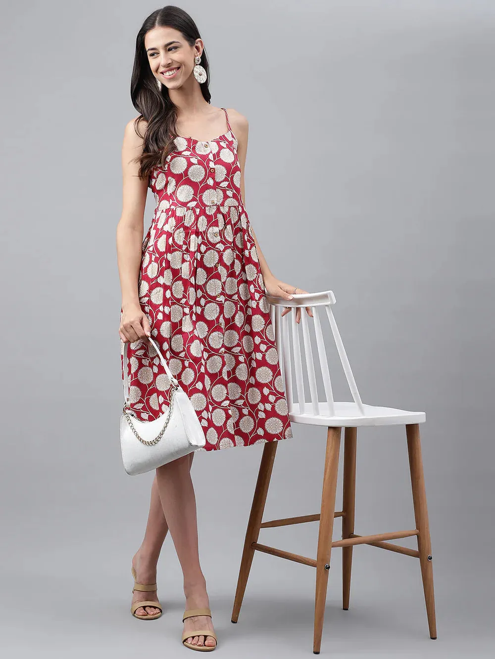MAGENTA RAYON BOTANICAL PRINTED GATHERED DRESS- VISCOSE