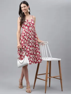 MAGENTA RAYON BOTANICAL PRINTED GATHERED DRESS- VISCOSE