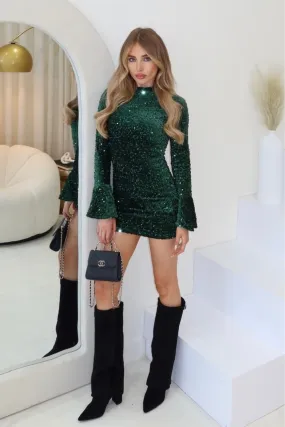 Maisey green sequin long sleeve mini dress