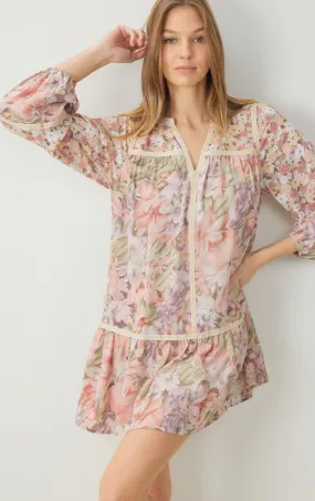 mixed floral print long sleeve mini dress - blush
