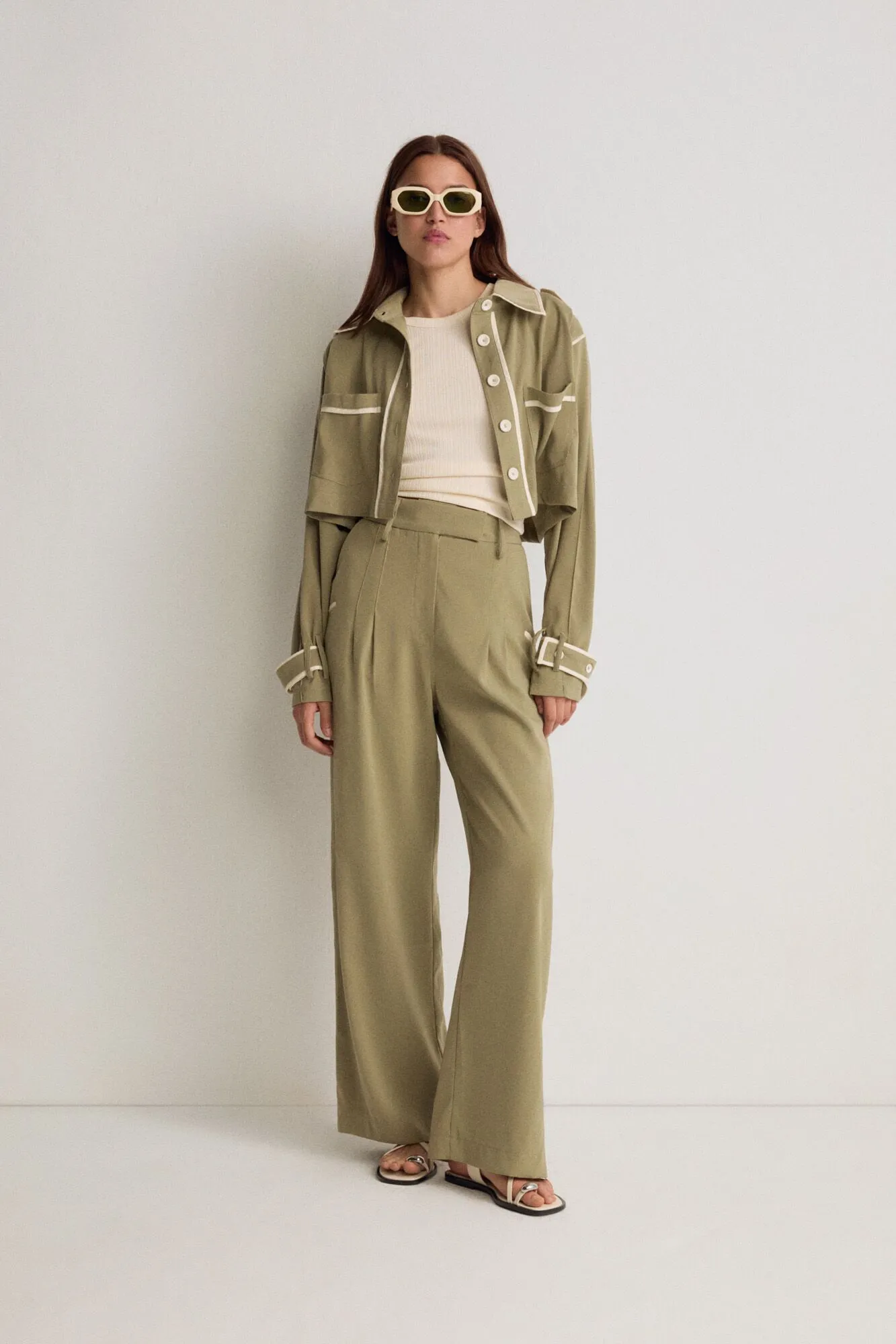 Oil Green Bow Detailed Palazzo Pants