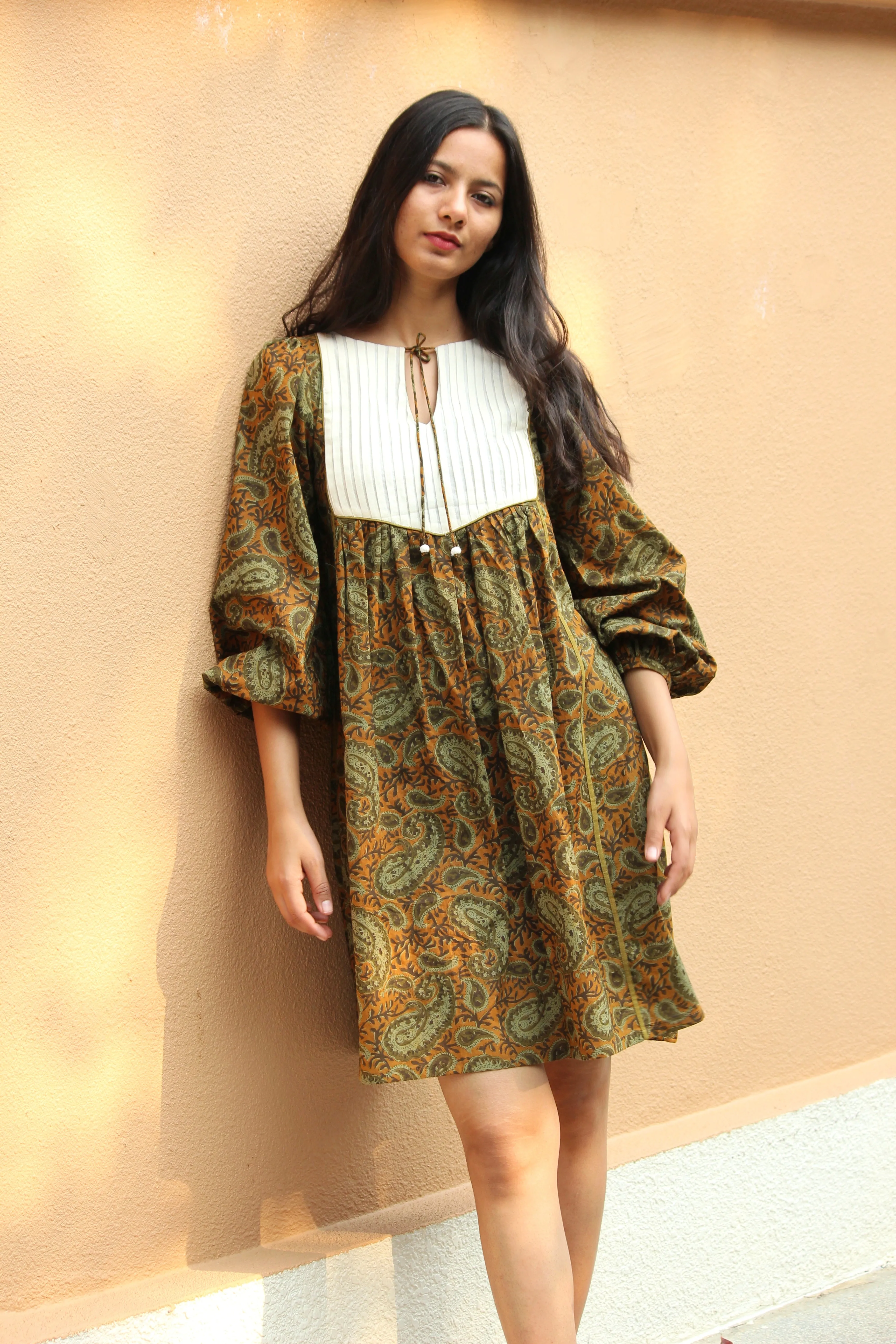 Olive Paisley Flared Dress