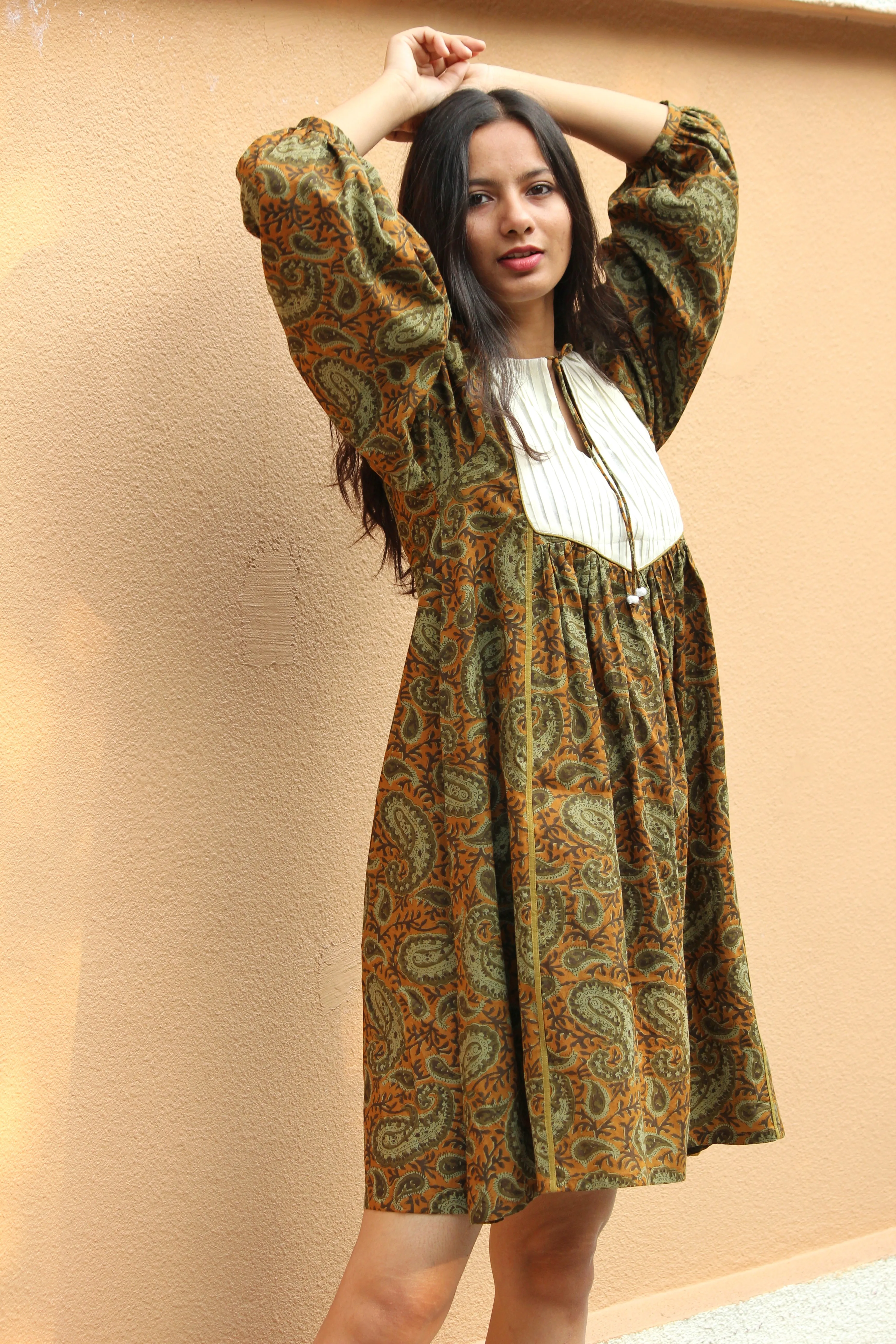 Olive Paisley Flared Dress