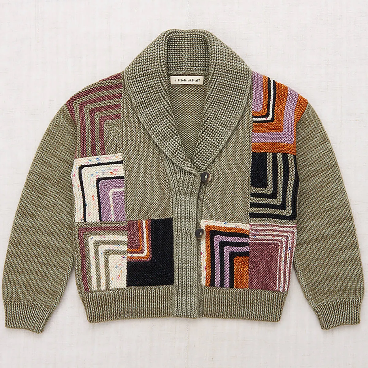 Patchwork Shawl Collar Cardigan in Seal Gray by Misha & Puff