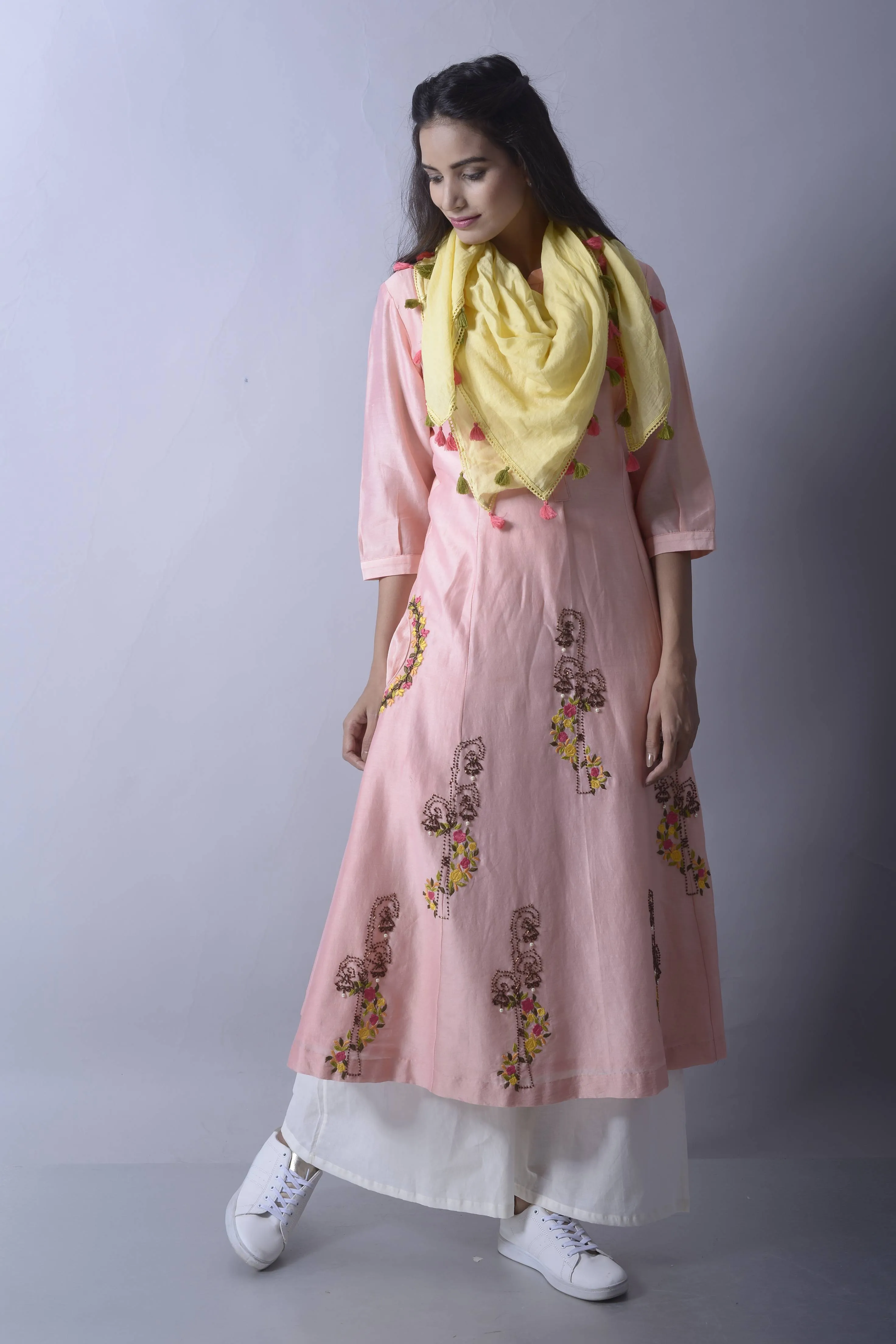 Pink Flare Chanderi Kurta-Plazzo with Scarf