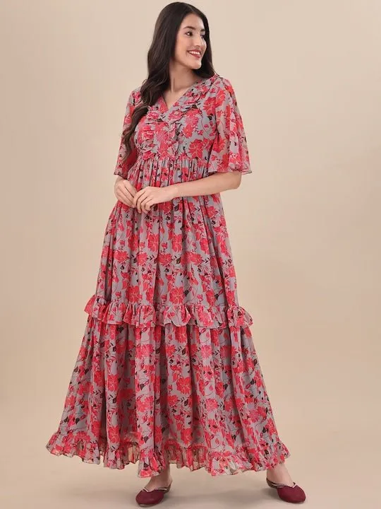 Printed Georgette Maxi Fit And Flare Dress