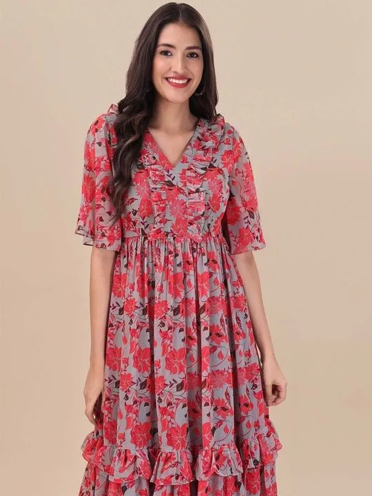 Printed Georgette Maxi Fit And Flare Dress