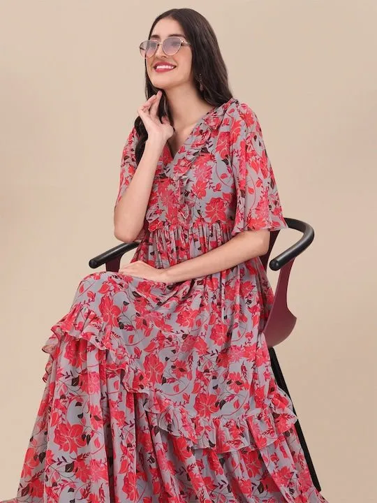 Printed Georgette Maxi Fit And Flare Dress