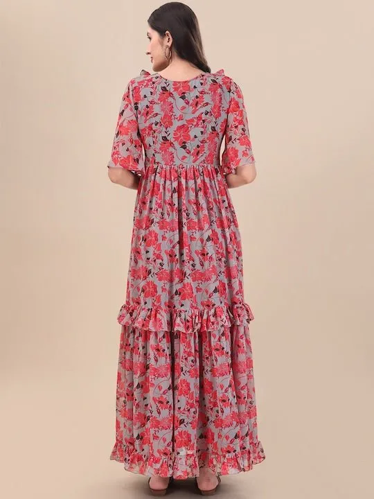 Printed Georgette Maxi Fit And Flare Dress