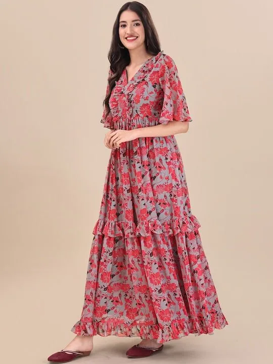 Printed Georgette Maxi Fit And Flare Dress