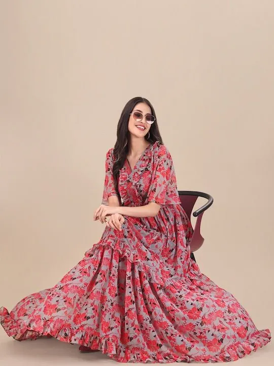 Printed Georgette Maxi Fit And Flare Dress