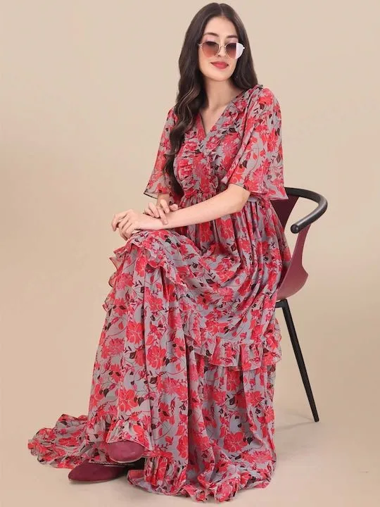 Printed Georgette Maxi Fit And Flare Dress