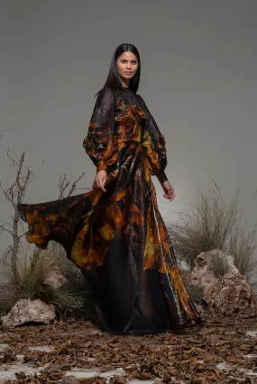 Printed Long-Sleeved A-line Flared Dress