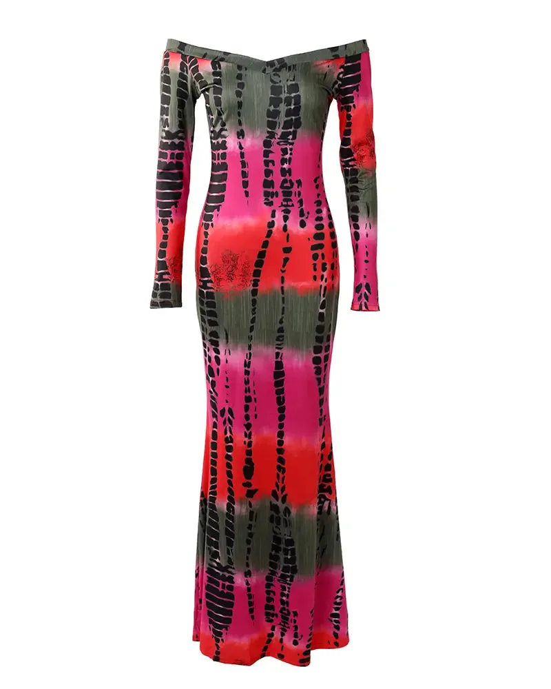 Purple Off Shoulder Abstract Print Mermaid Dress