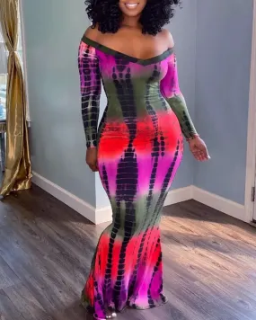 Purple Off Shoulder Abstract Print Mermaid Dress