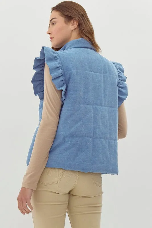 Quilted Ruffle Denim Vest