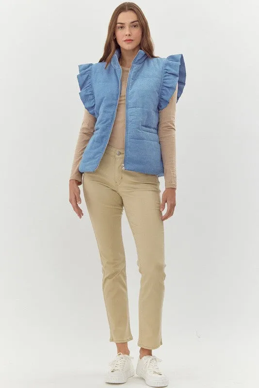 Quilted Ruffle Denim Vest