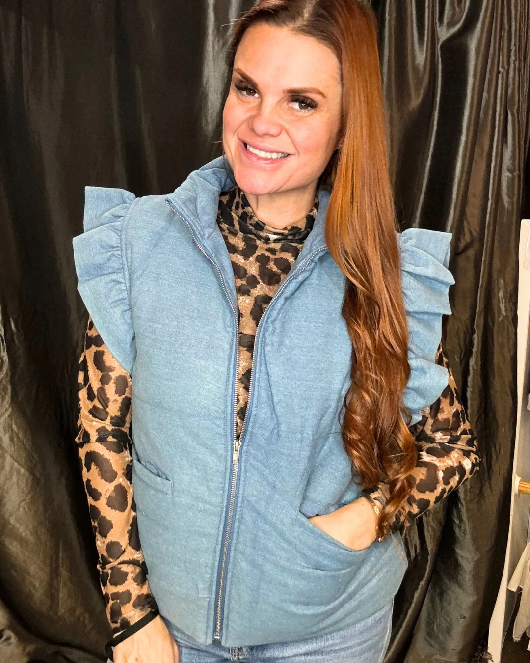 Quilted Ruffle Denim Vest