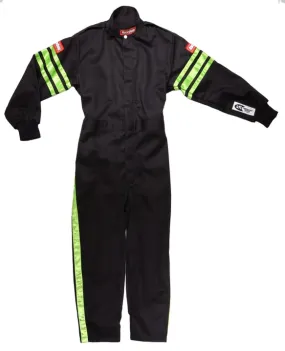 RaceQuip One Piece Single Layer Fire Suit - Black w/Green Stripes - Kids X-Small - 1950791