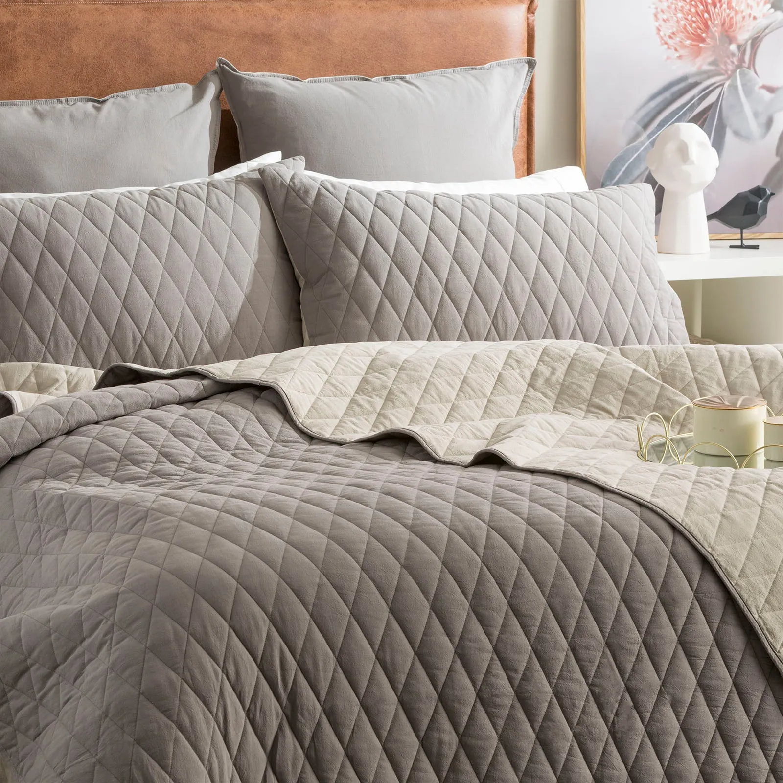 Renee Taylor Diamante Vintage Stone Washed Cotton Reversible Quilted Coverlet Set - Charcoal