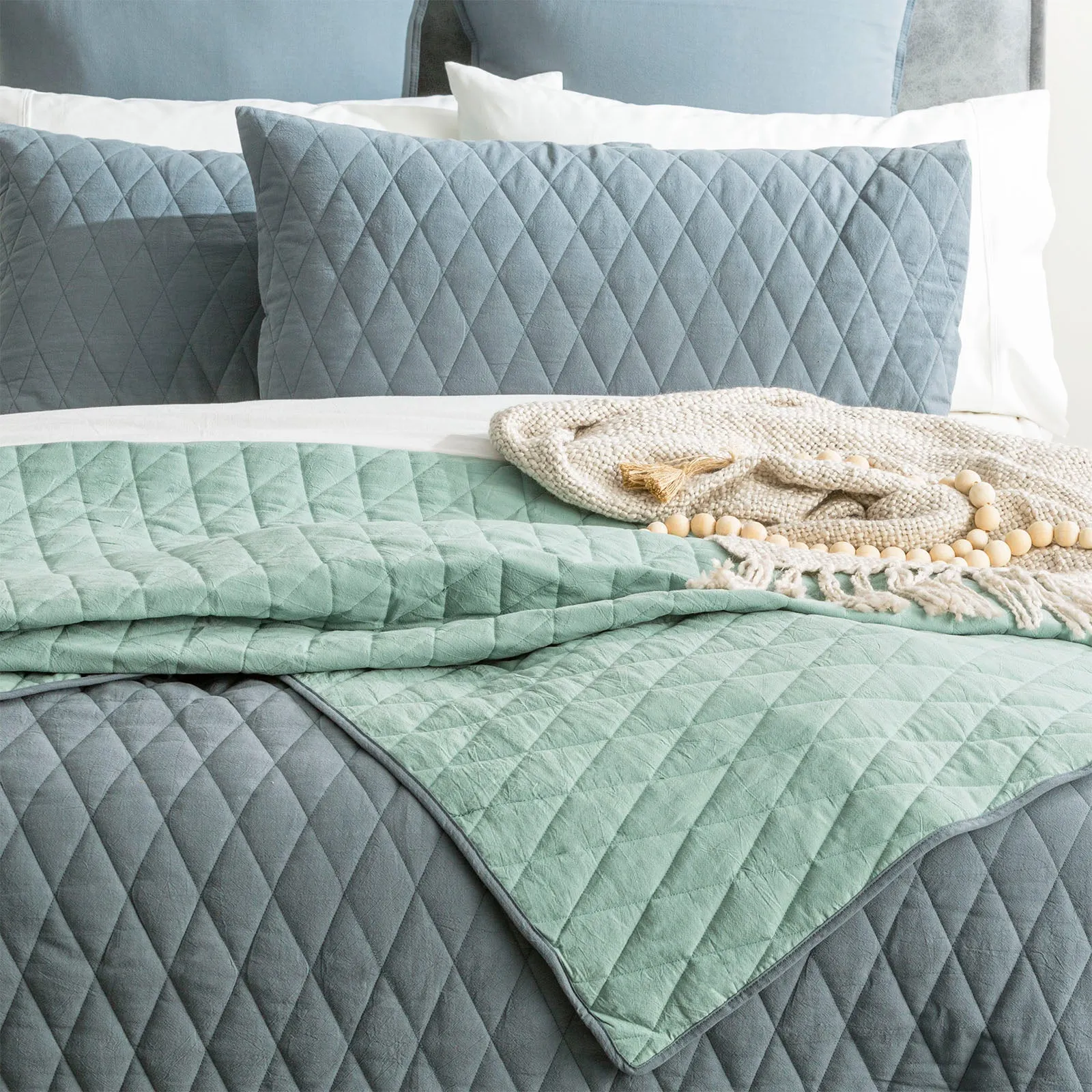 Renee Taylor Diamante Vintage Stone Washed Cotton Reversible Quilted Coverlet Set - Mineral