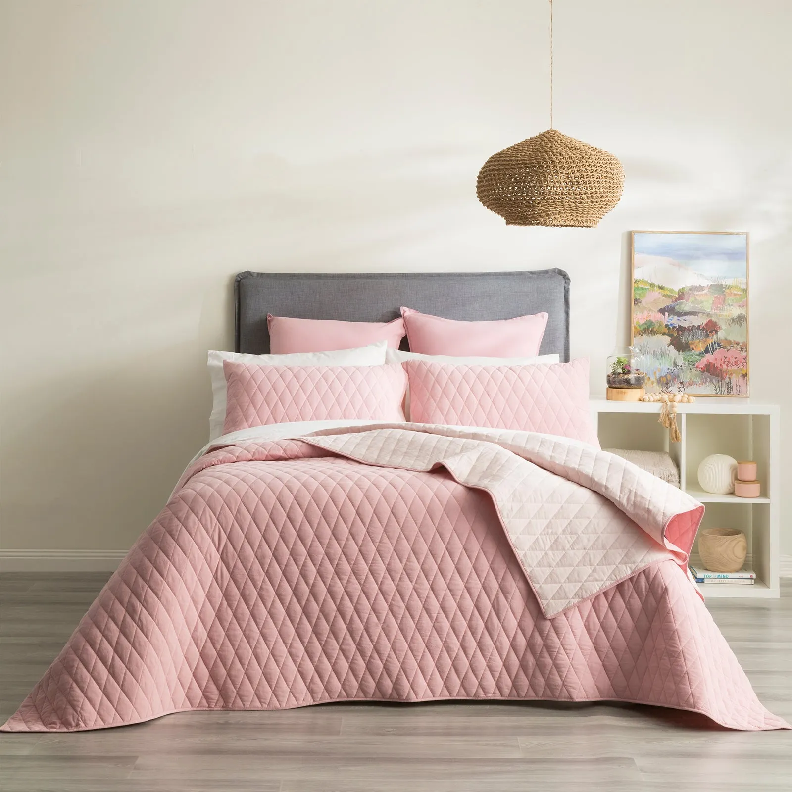 Renee Taylor Diamante Vintage Stone Washed Cotton Reversible Quilted Coverlet Set - Rose