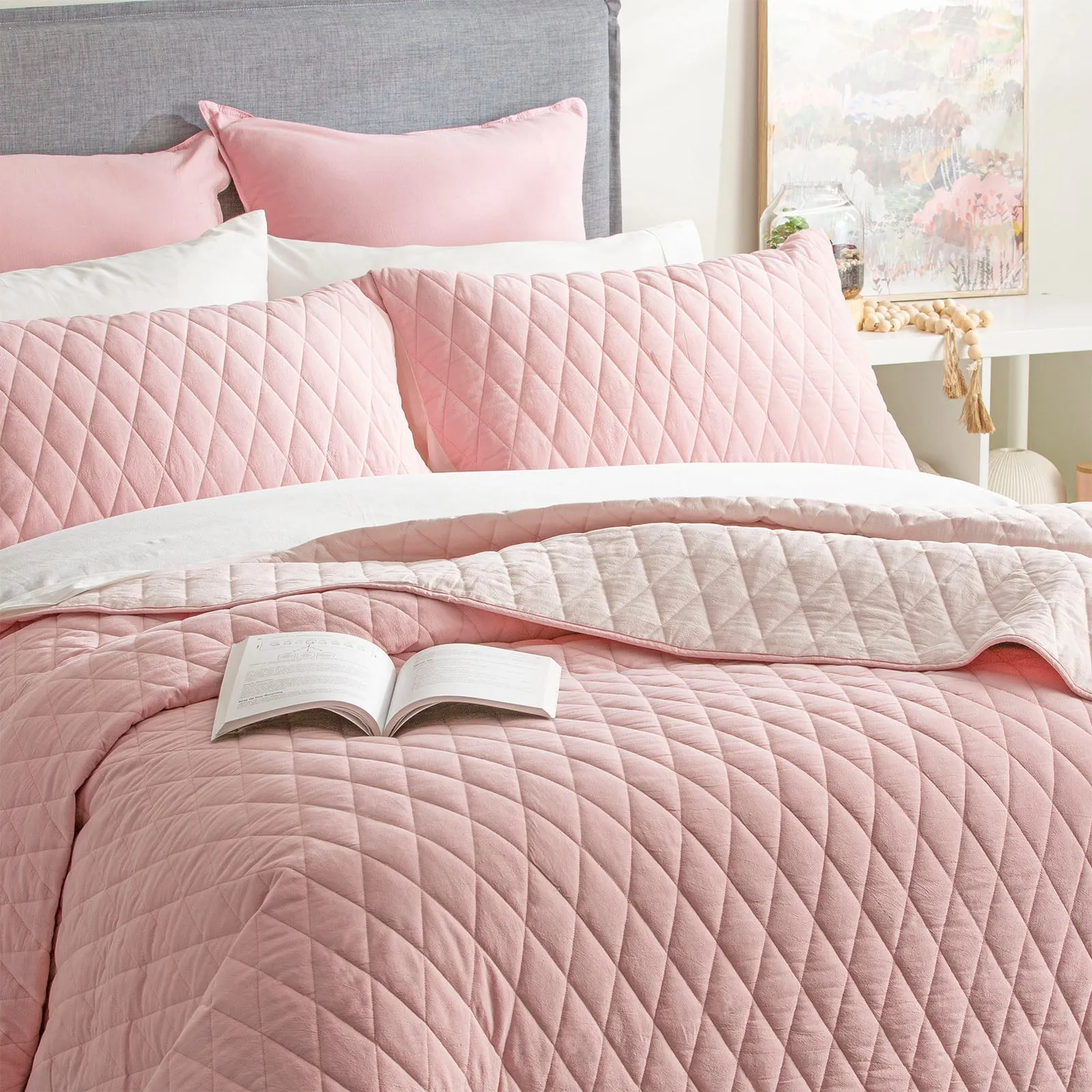 Renee Taylor Diamante Vintage Stone Washed Cotton Reversible Quilted Coverlet Set - Rose