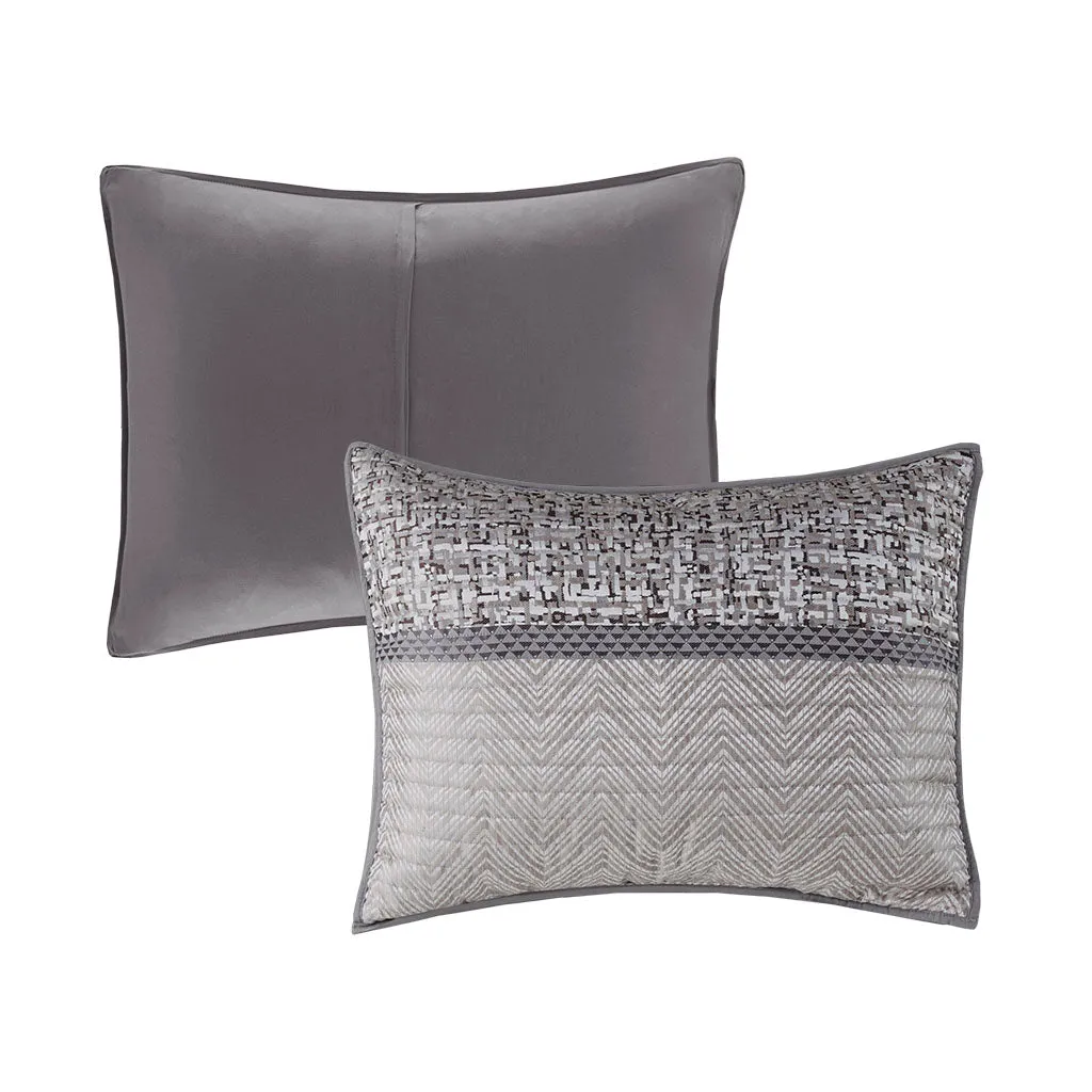 Rhapsody 6 Piece Reversible Jacquard Quilt Set with Throw Pillows in Grey/Taupe