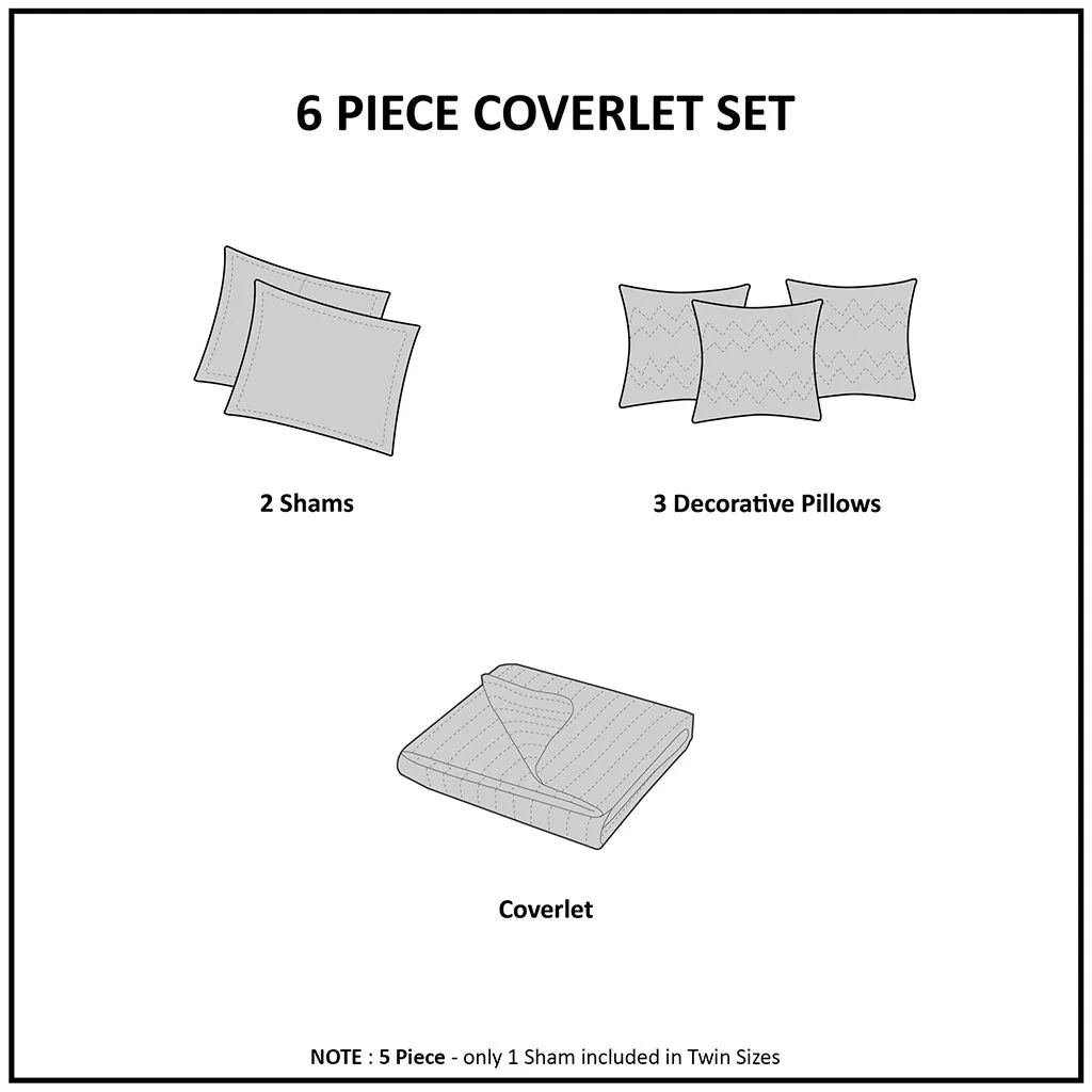 Rhapsody 6 Piece Reversible Jacquard Quilt Set with Throw Pillows in Grey/Taupe
