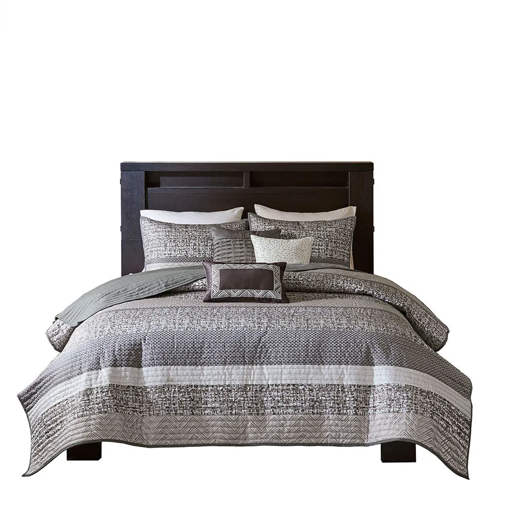 Rhapsody 6 Piece Reversible Jacquard Quilt Set with Throw Pillows in Grey/Taupe