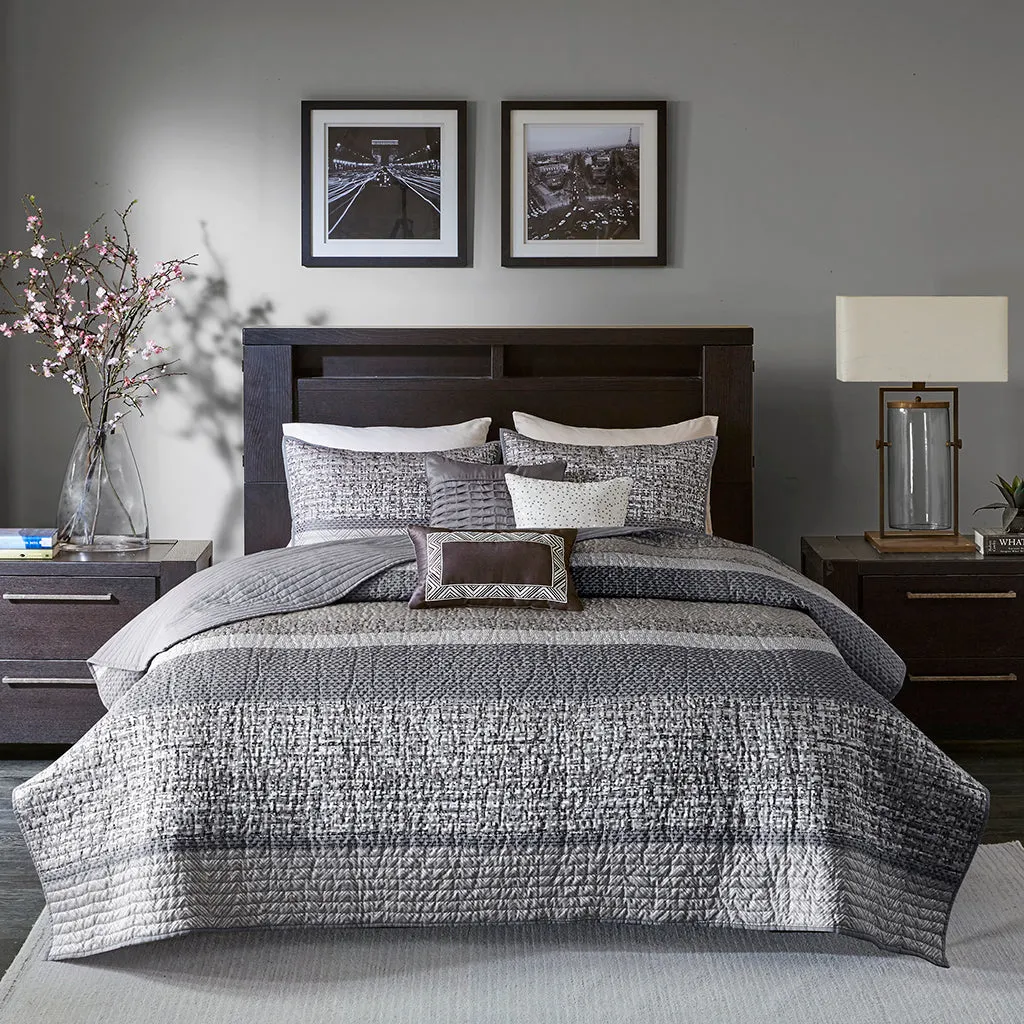 Rhapsody 6 Piece Reversible Jacquard Quilt Set with Throw Pillows in Grey/Taupe