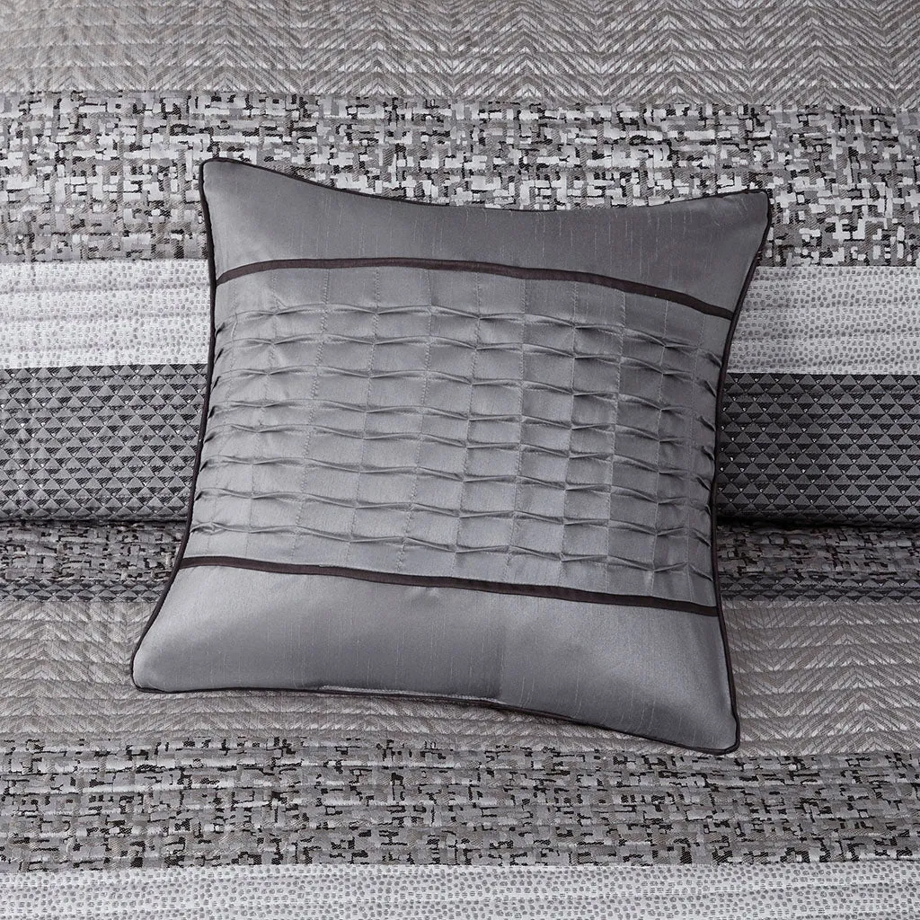 Rhapsody 6 Piece Reversible Jacquard Quilt Set with Throw Pillows in Grey/Taupe