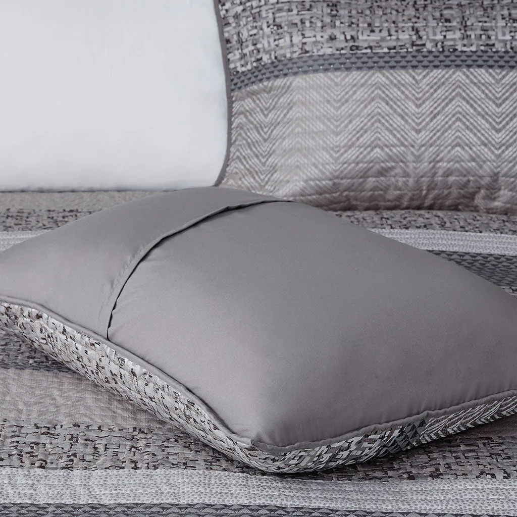 Rhapsody 6 Piece Reversible Jacquard Quilt Set with Throw Pillows in Grey/Taupe