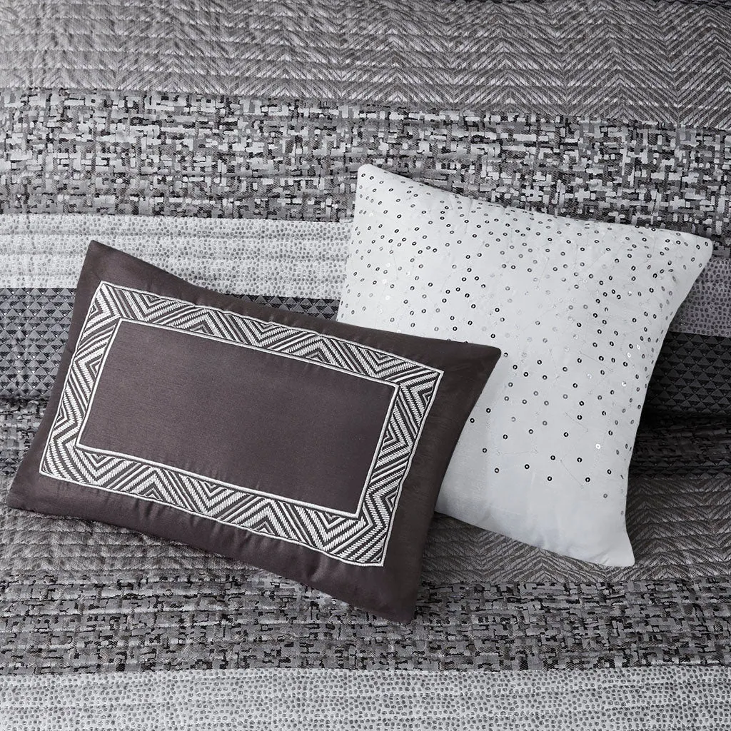 Rhapsody 6 Piece Reversible Jacquard Quilt Set with Throw Pillows in Grey/Taupe