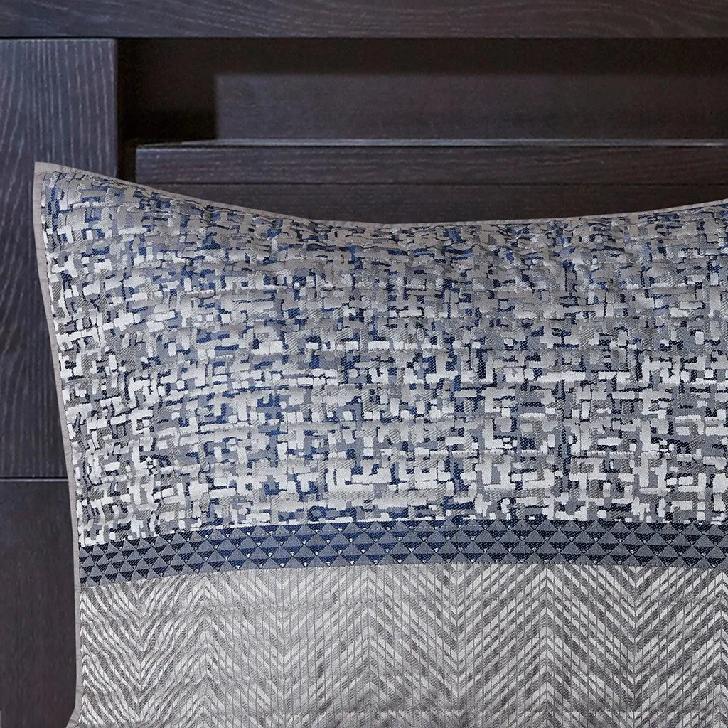 Rhapsody 6 Piece Reversible Jacquard Quilt Set with Throw Pillows in Navy