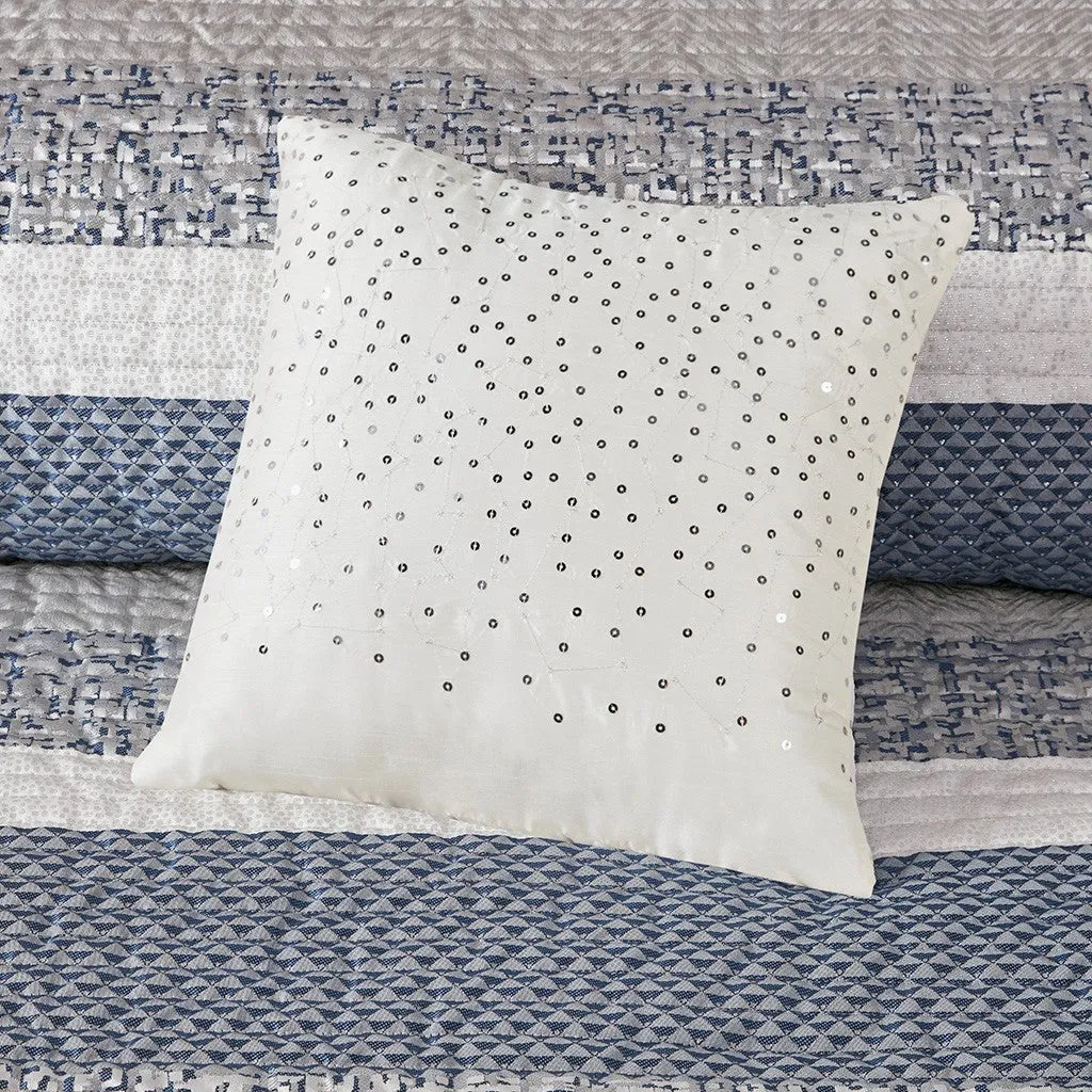 Rhapsody 6 Piece Reversible Jacquard Quilt Set with Throw Pillows in Navy