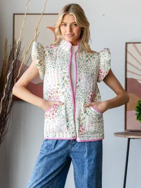 Ruffle Shoulder Quilted Open Vest