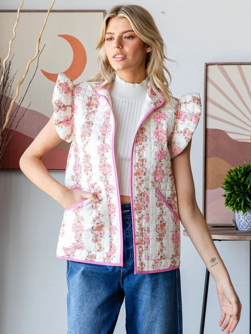 Ruffle Shoulder Quilted Open Vest