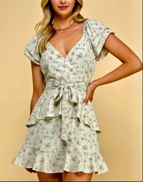 Sage mini dress with cap sleeves- soft green