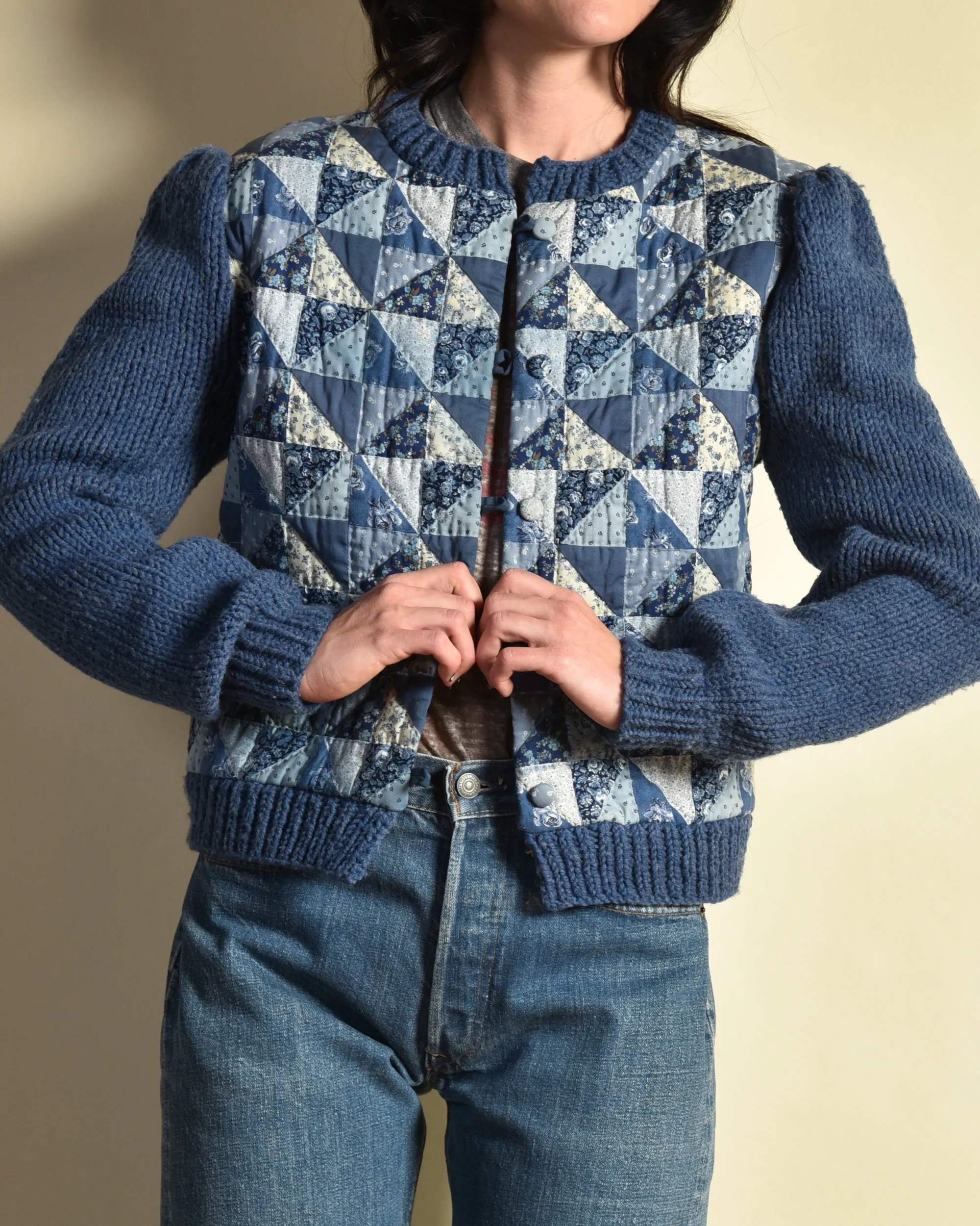 Sara 1970s Hand Knit Patchwork Cardigan