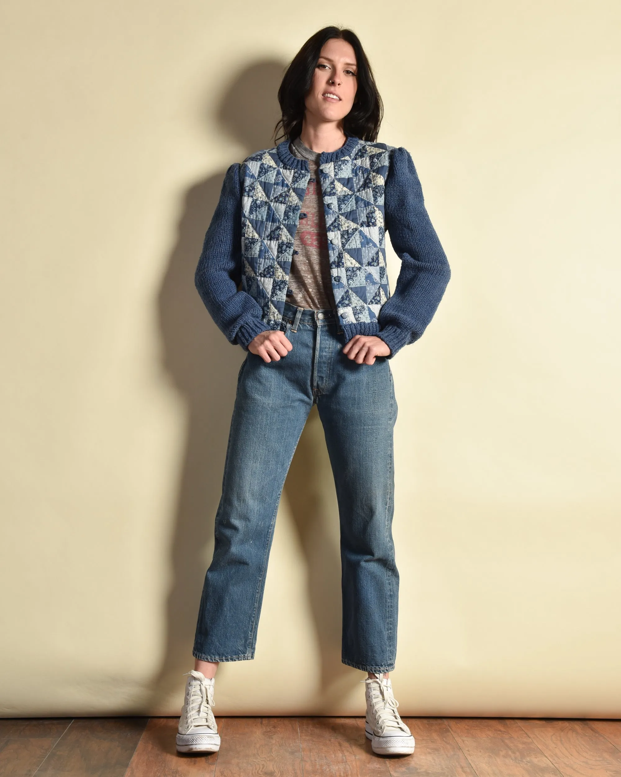 Sara 1970s Hand Knit Patchwork Cardigan