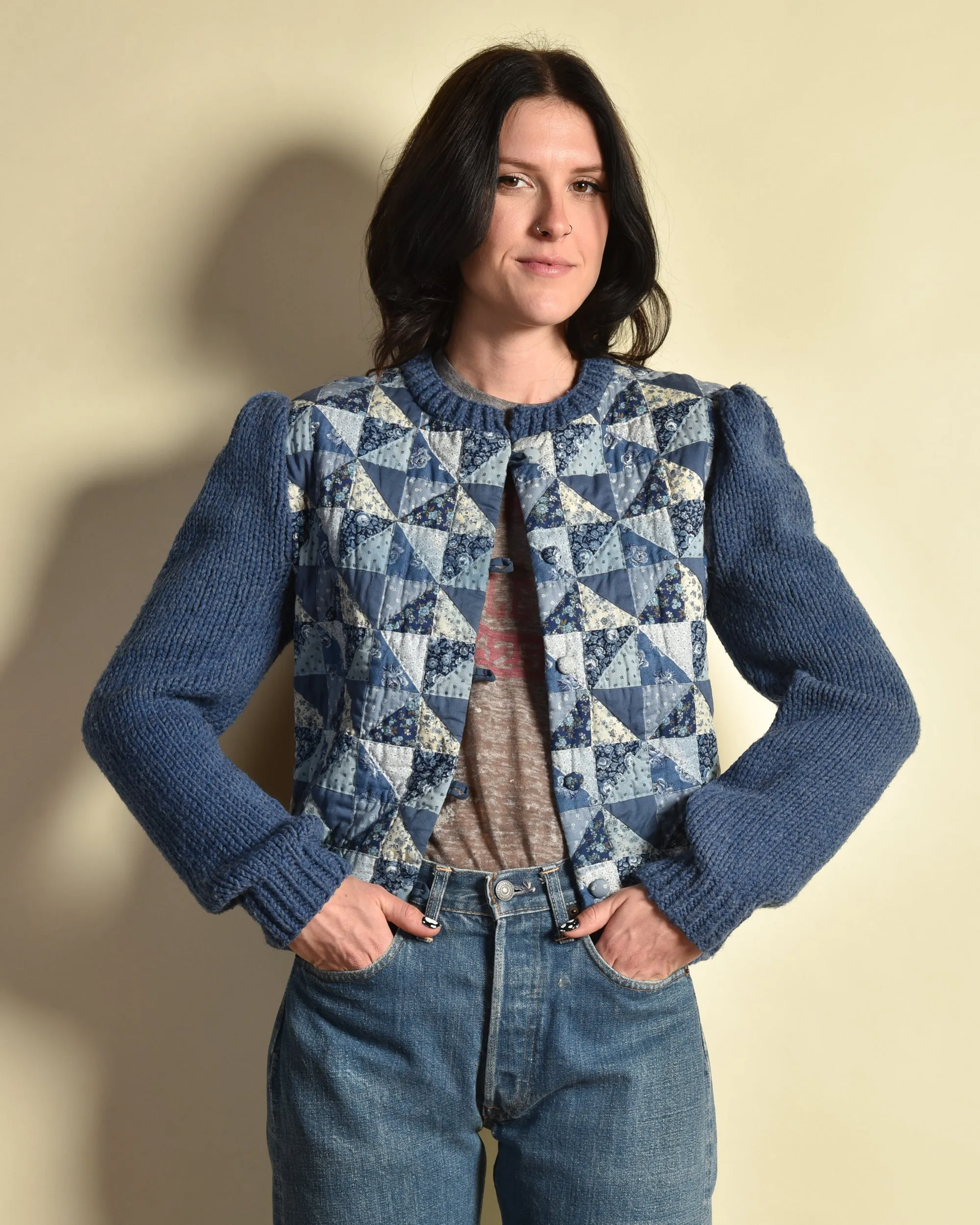 Sara 1970s Hand Knit Patchwork Cardigan
