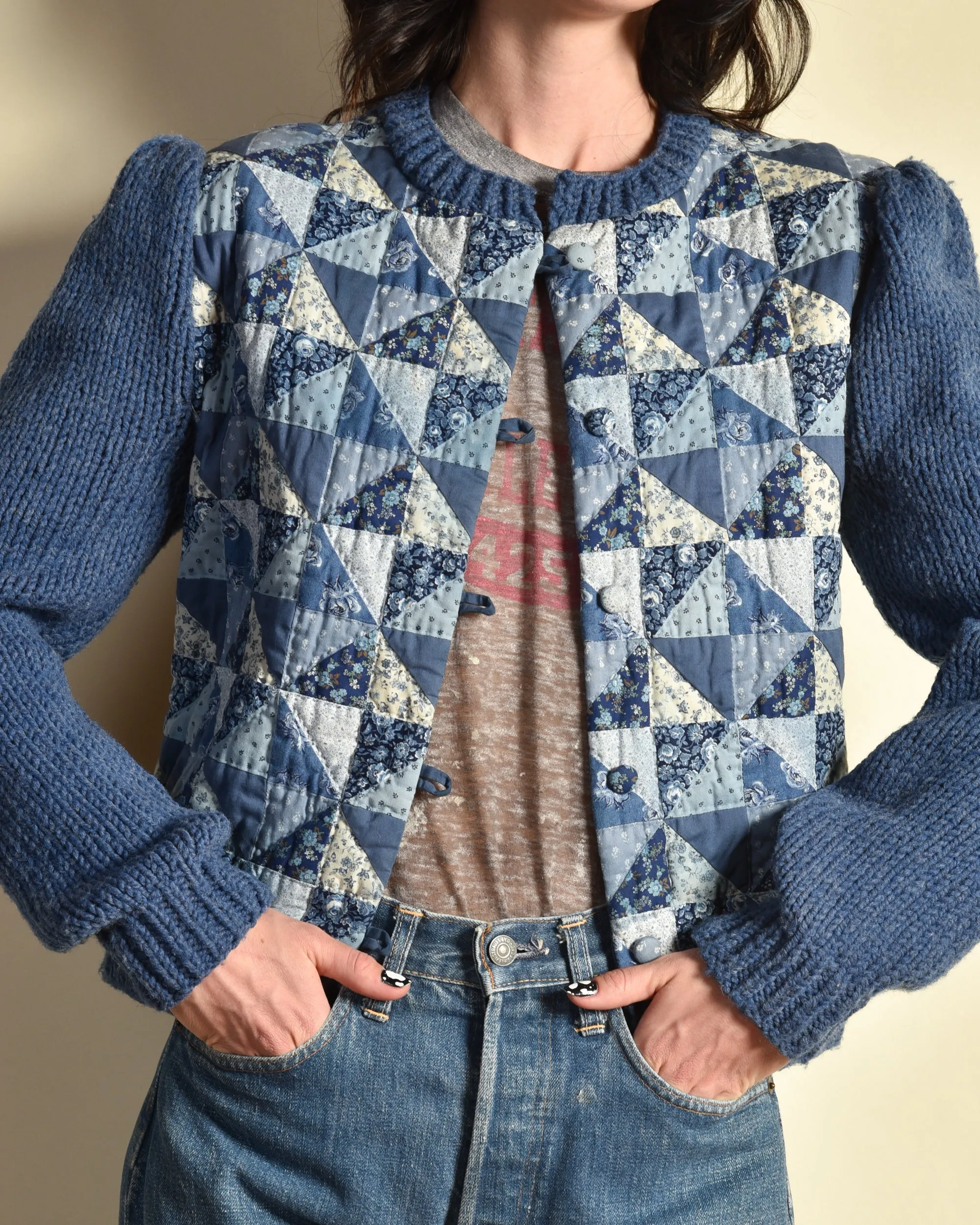 Sara 1970s Hand Knit Patchwork Cardigan