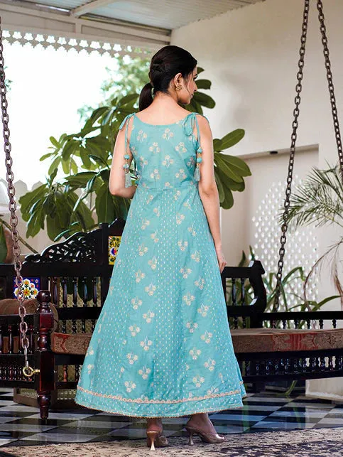 Sea Green Cotton Floral Print Anarkali Style Dress