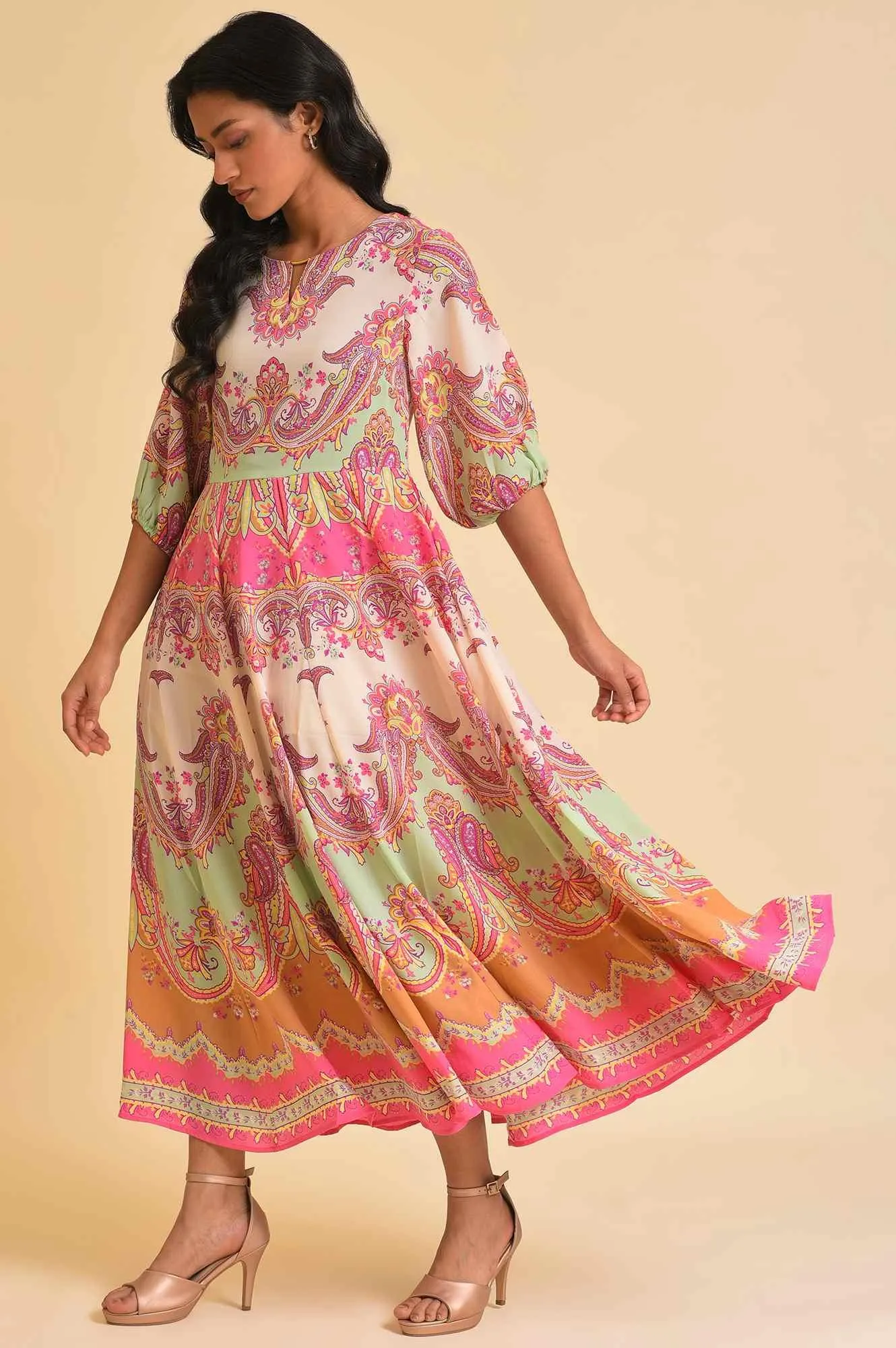 Soft Multi-Coloured Paisley Printed Panelled Dress