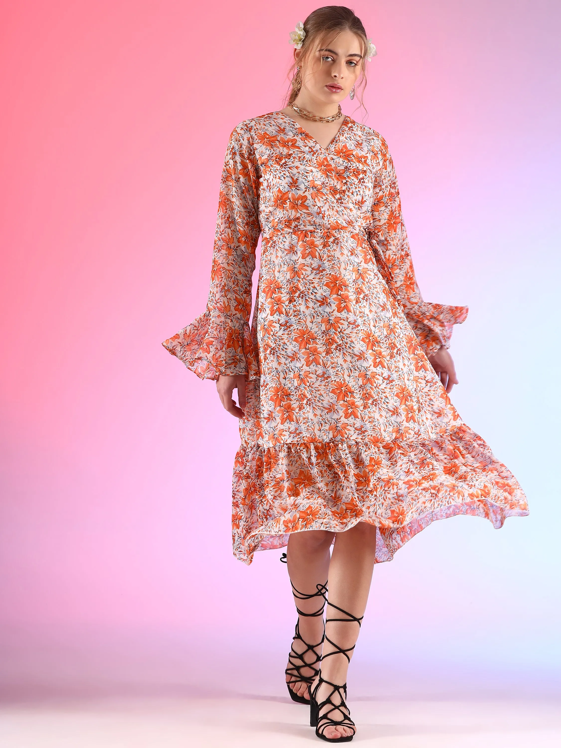 Spice Symphony Midi Length Flared Georgette Dress