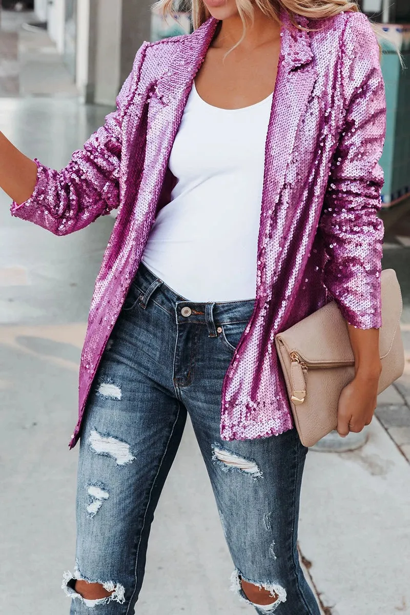 Street Patchwork Sequins Cardigan Collar Outerwear(4 Colors)