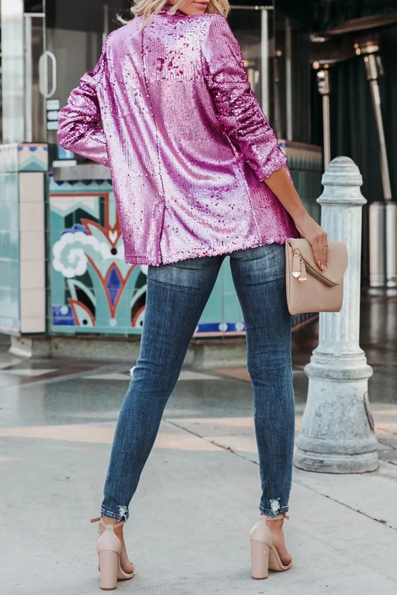 Street Patchwork Sequins Cardigan Collar Outerwear(4 Colors)