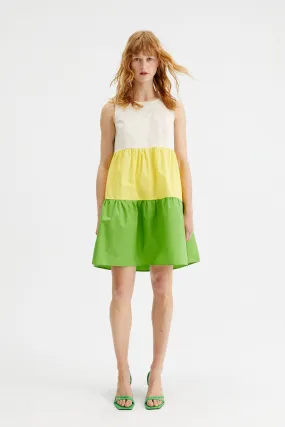 Three-tone Flared-cut Sleeveless Mini Dress